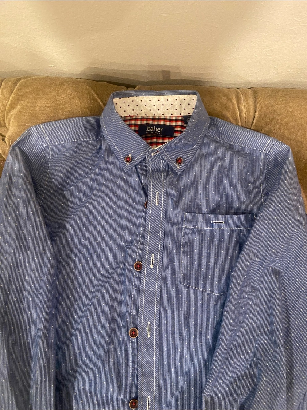 BOYS  Ted Baker Blue Pin Dot Button-Down Shirt with Checked Cuff Trim  size10